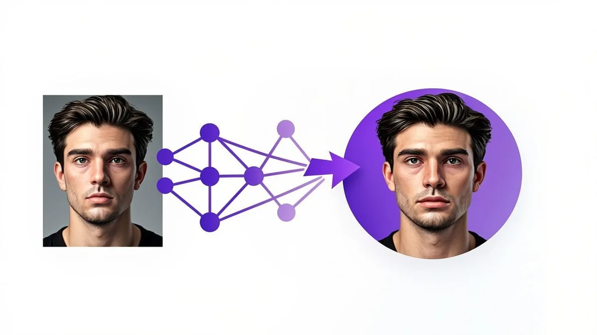 Flow diagram of a photo transforming into a stylized portrait through neural network nodes
