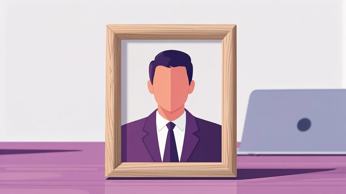 Minimal office scene with a framed professional portrait and soft studio lighting