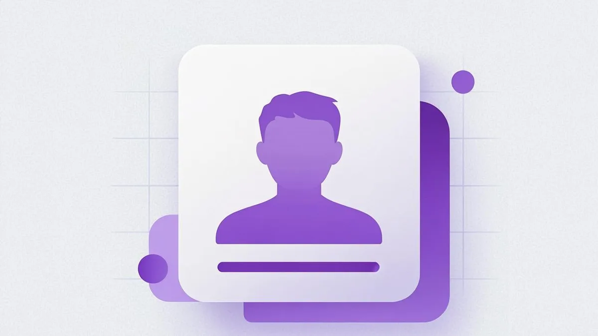 Corporate badge card with portrait silhouette over a subtle grid in warm violet tones