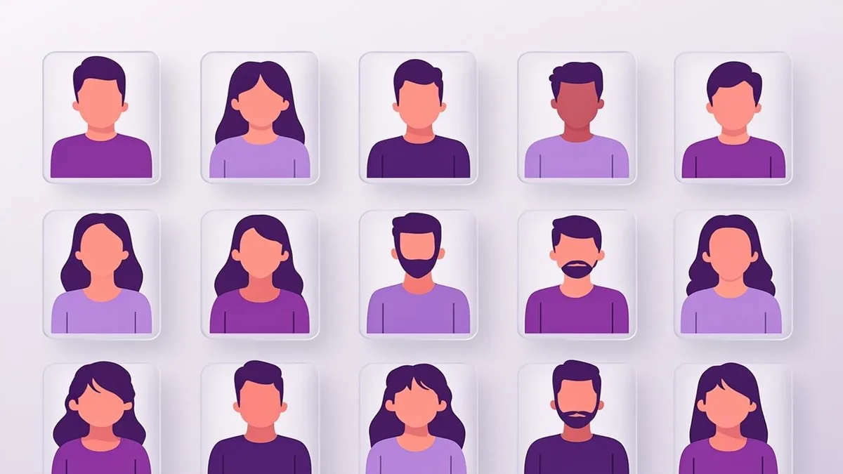 Illustrated grid of glowing digital avatar portraits explaining what an AI avatar generator is